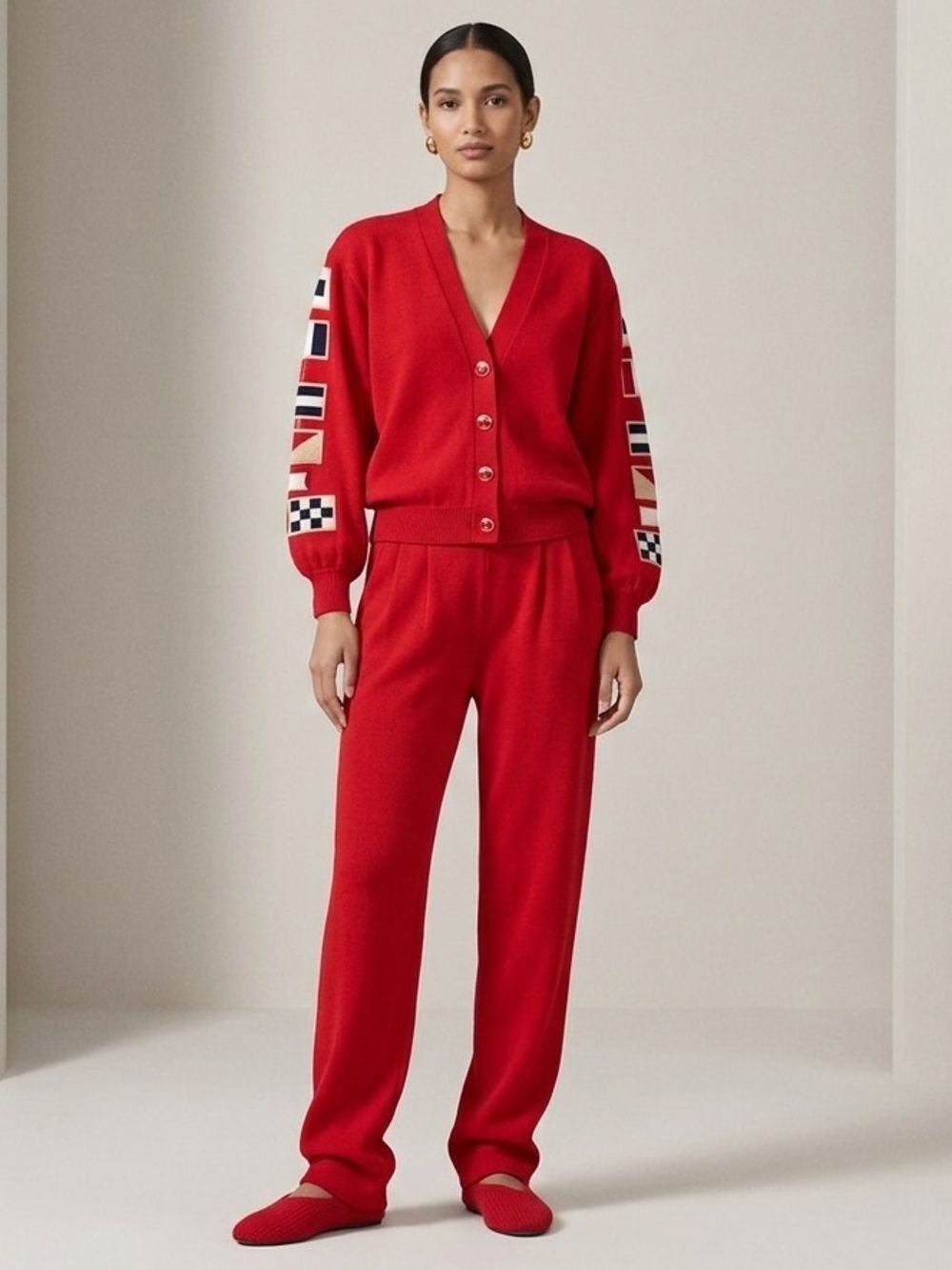 Vintage 1980s St. John Red Knit 2pc Set - Cardigan (P) & Pleated Pants (12)